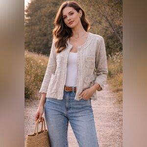 Conbipel Beige Linen Blend Frayed Trim Open Front Jacket Boho Size S [000000]